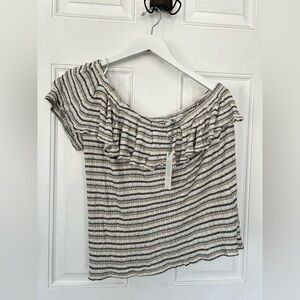 Lucky Brand Cream and Black Striped Off-Shoulder Ruffle Top